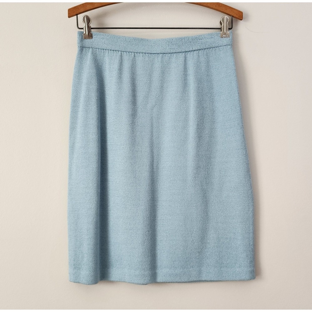 VTG ST. JOHN Marie Gray Size 6 Light Blue Santana Knit SS Jacket & Pencil Skirt - Picture 3 of 11